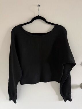 White Fox Boutique Black Ribbed (Off the Shoulder) Crewneck Sweater